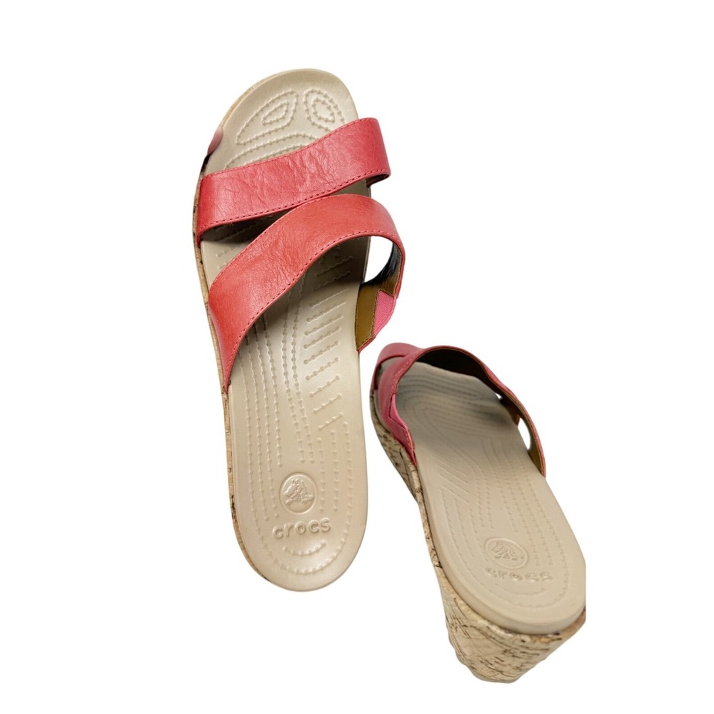 Crocs Womens A-Leigh Leather Mini Wedge Double Strap Sandal Orange 8 - Picture 6 of 13